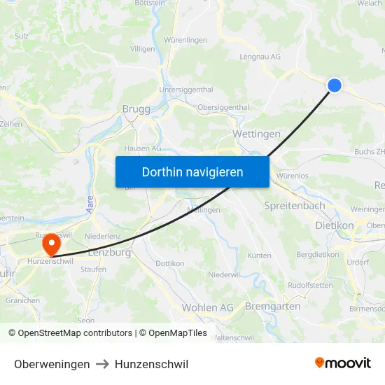 Oberweningen to Hunzenschwil map