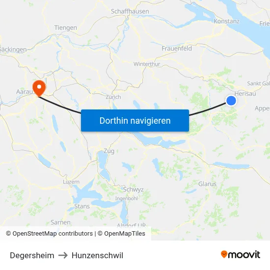 Degersheim to Hunzenschwil map