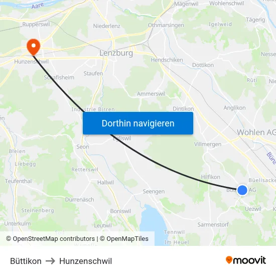 Büttikon to Hunzenschwil map