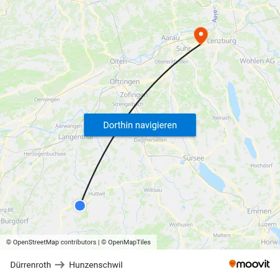 Dürrenroth to Hunzenschwil map