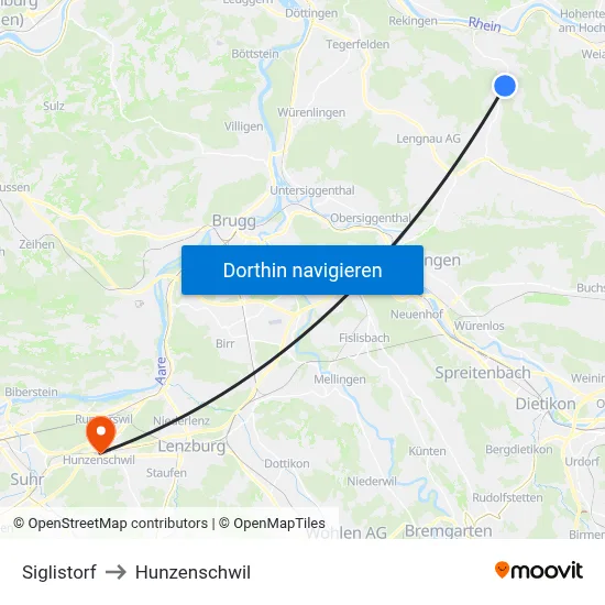 Siglistorf to Hunzenschwil map
