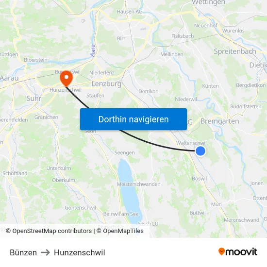 Bünzen to Hunzenschwil map
