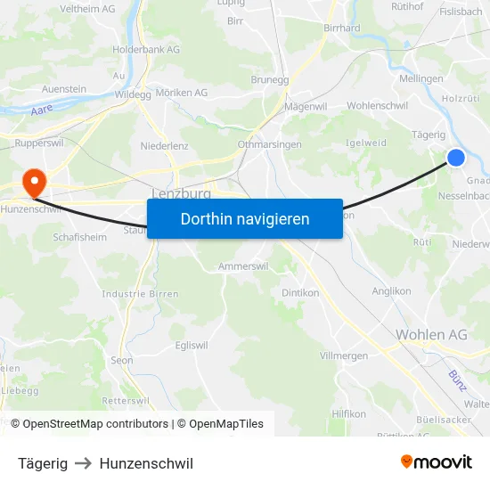 Tägerig to Hunzenschwil map
