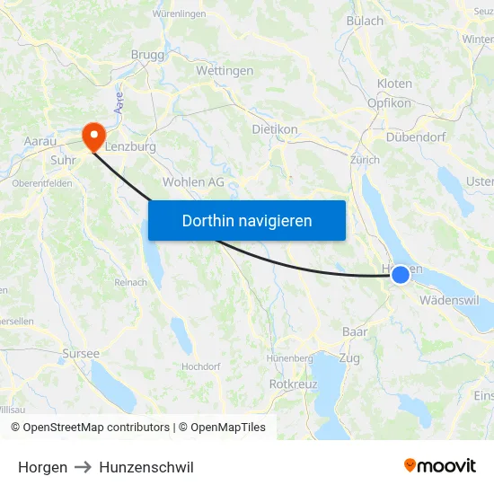 Horgen to Hunzenschwil map
