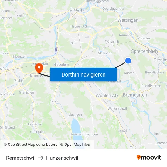 Remetschwil to Hunzenschwil map