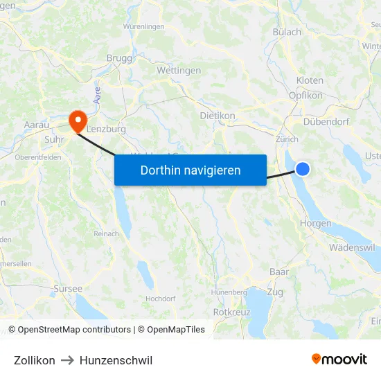 Zollikon to Hunzenschwil map