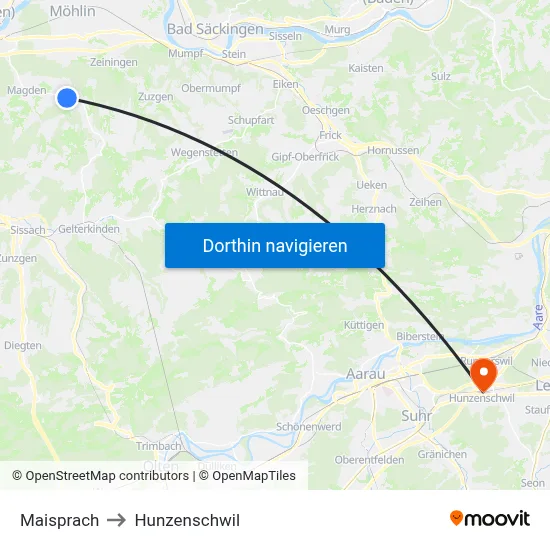 Maisprach to Hunzenschwil map