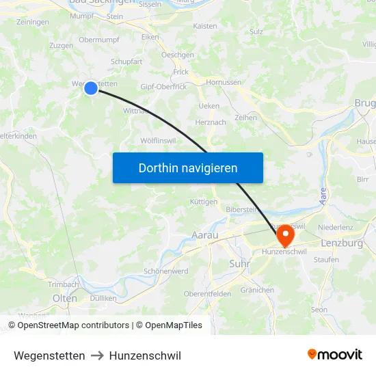 Wegenstetten to Hunzenschwil map