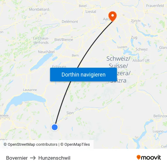 Bovernier to Hunzenschwil map