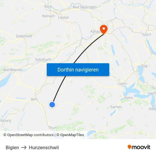 Biglen to Hunzenschwil map