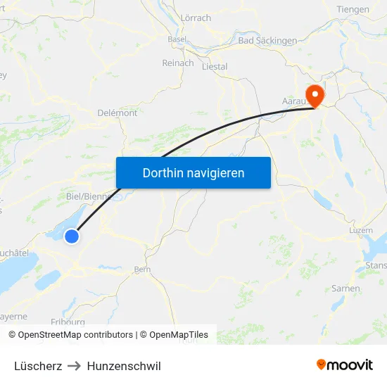 Lüscherz to Hunzenschwil map