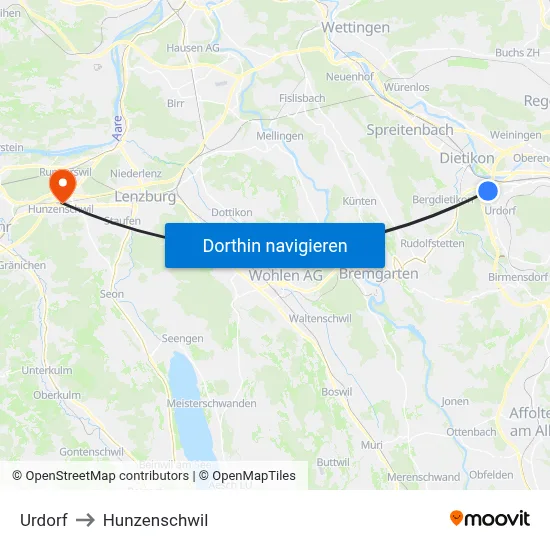 Urdorf to Hunzenschwil map