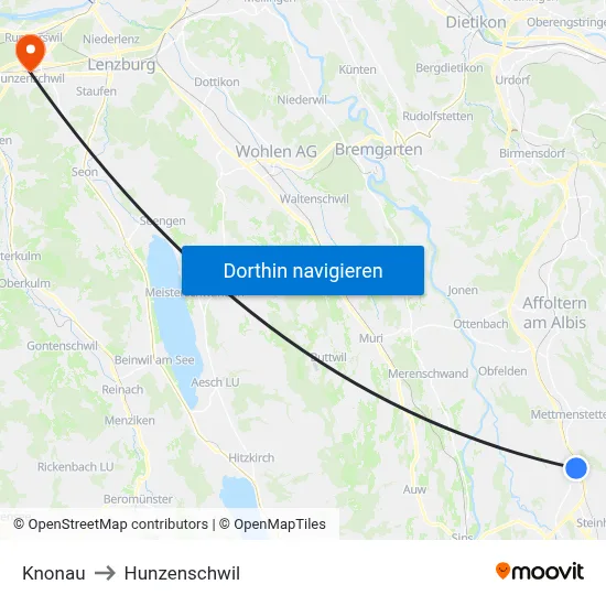 Knonau to Hunzenschwil map
