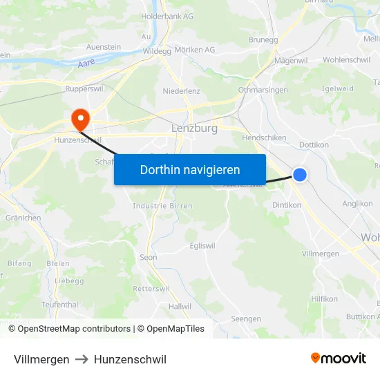 Villmergen to Hunzenschwil map