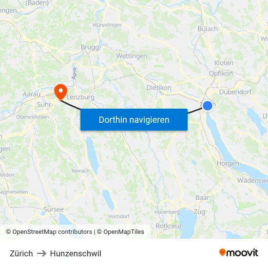 Zürich to Hunzenschwil map