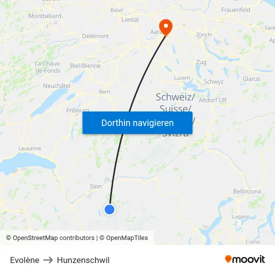 Evolène to Hunzenschwil map