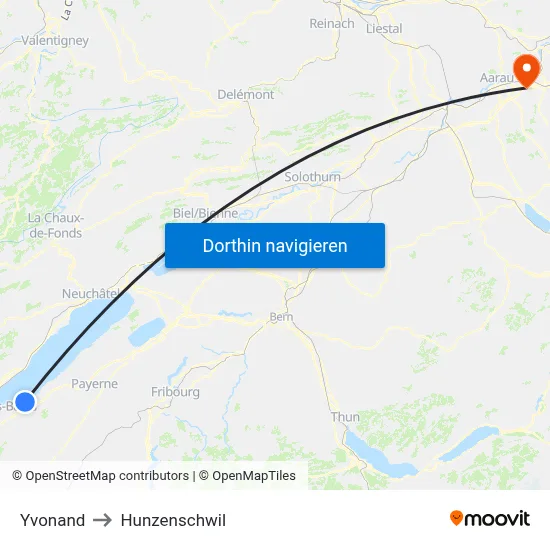 Yvonand to Hunzenschwil map