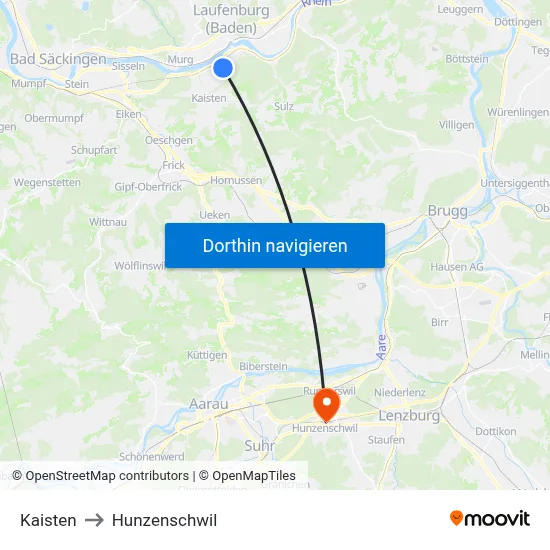 Kaisten to Hunzenschwil map
