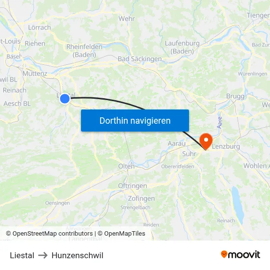 Liestal to Hunzenschwil map