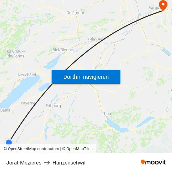 Jorat-Mézières to Hunzenschwil map