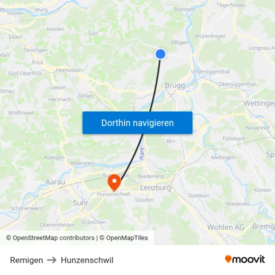 Remigen to Hunzenschwil map