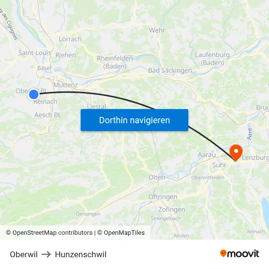 Oberwil to Hunzenschwil map