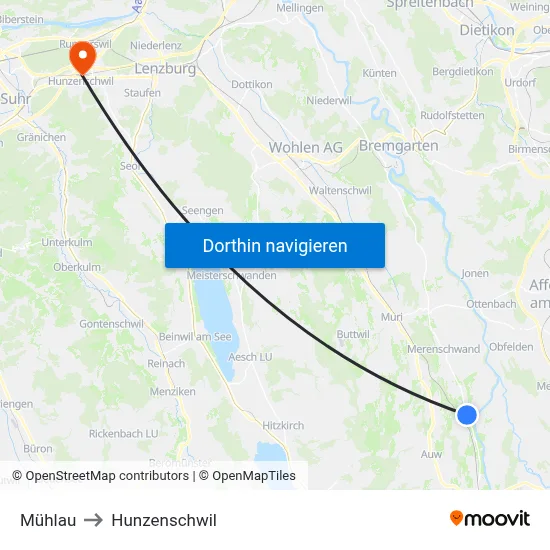 Mühlau to Hunzenschwil map