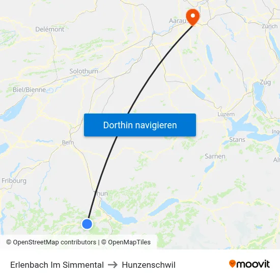 Erlenbach Im Simmental to Hunzenschwil map