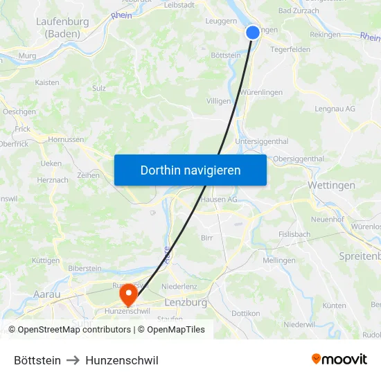Böttstein to Hunzenschwil map