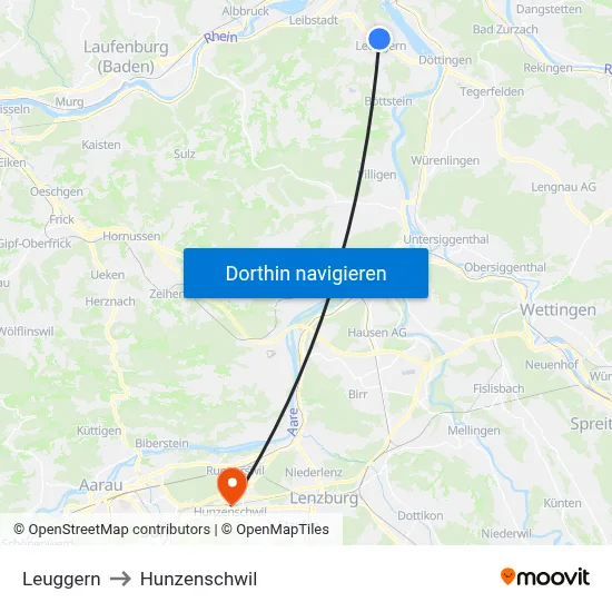 Leuggern to Hunzenschwil map