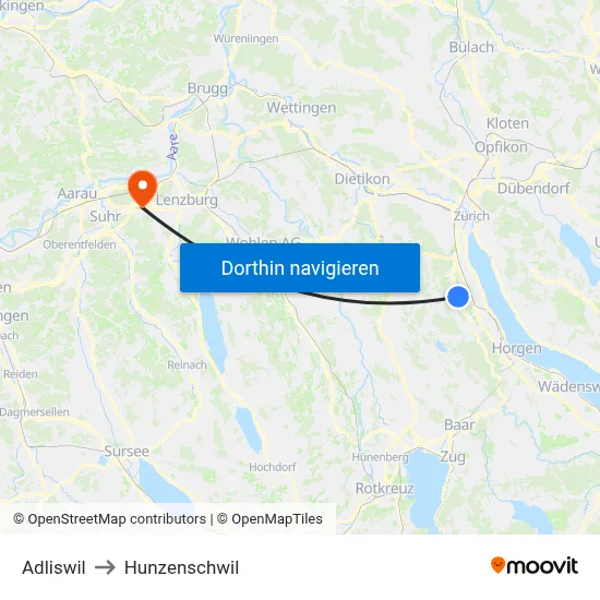 Adliswil to Hunzenschwil map