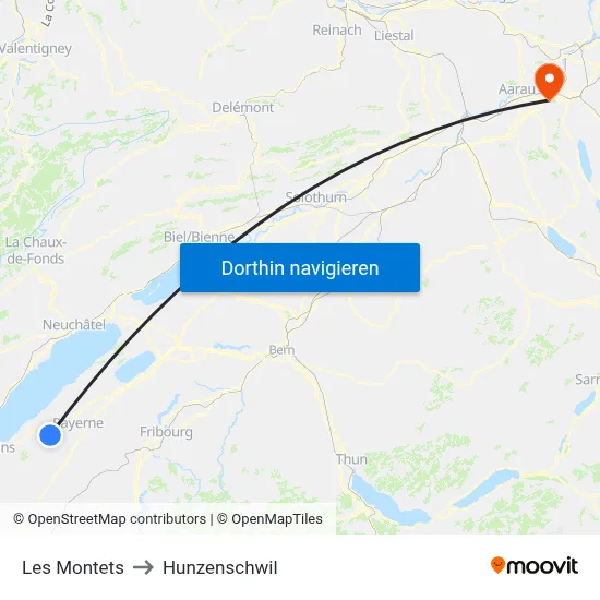 Les Montets to Hunzenschwil map