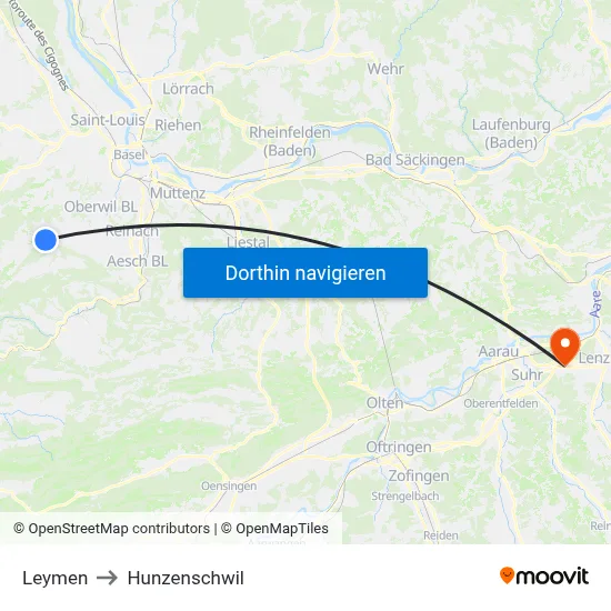 Leymen to Hunzenschwil map