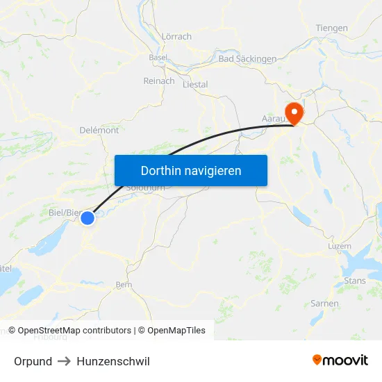 Orpund to Hunzenschwil map
