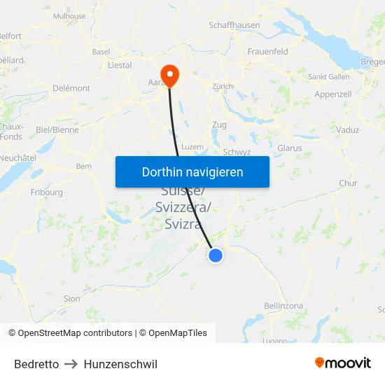 Bedretto to Hunzenschwil map
