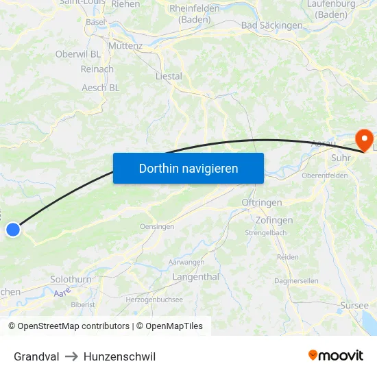 Grandval to Hunzenschwil map