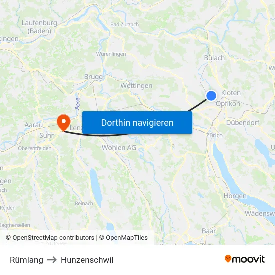 Rümlang to Hunzenschwil map
