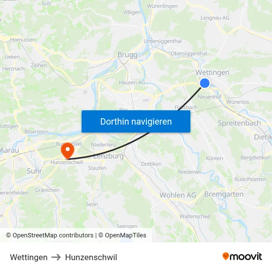 Wettingen to Hunzenschwil map