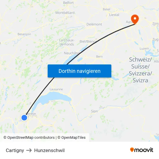Cartigny to Hunzenschwil map
