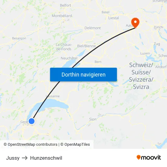 Jussy to Hunzenschwil map