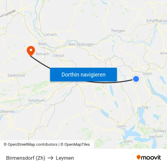 Birmensdorf (Zh) to Leymen map