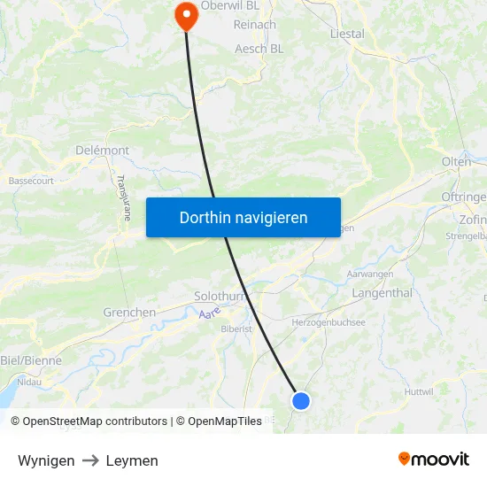 Wynigen to Leymen map