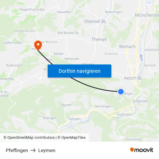Pfeffingen to Leymen map