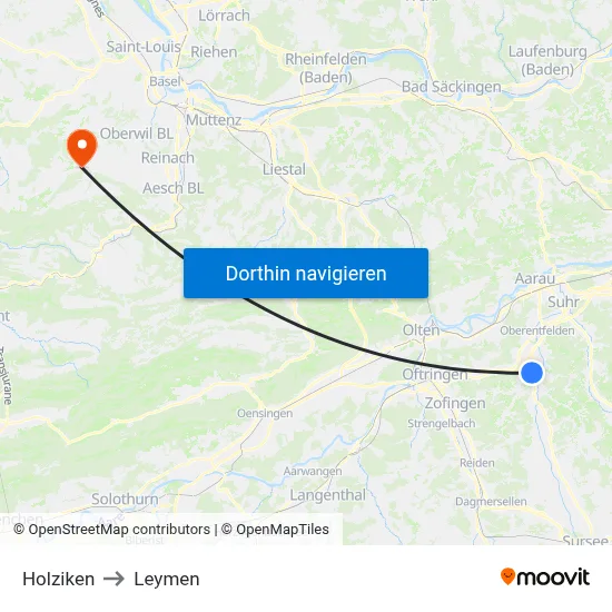 Holziken to Leymen map