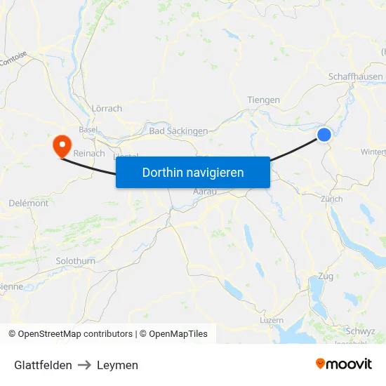 Glattfelden to Leymen map