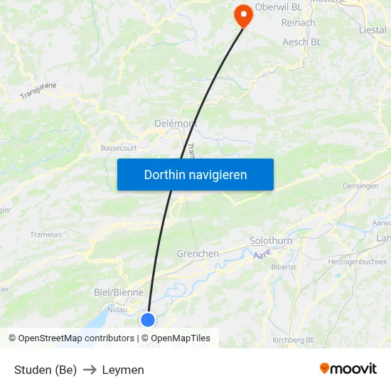 Studen (Be) to Leymen map