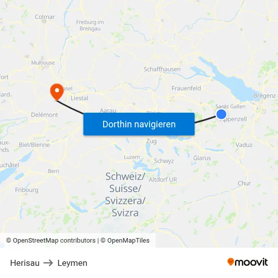 Herisau to Leymen map