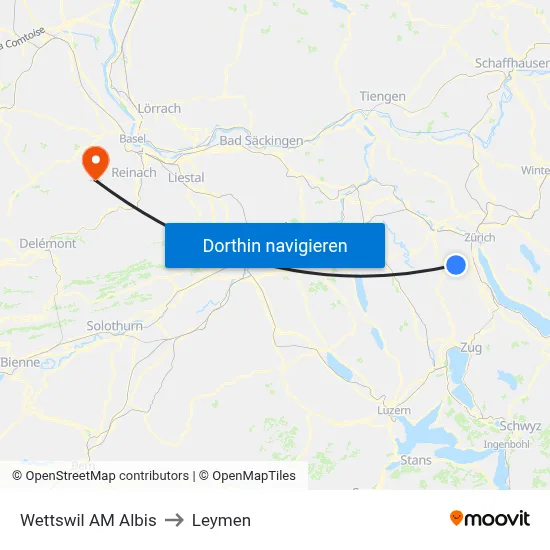 Wettswil AM Albis to Leymen map