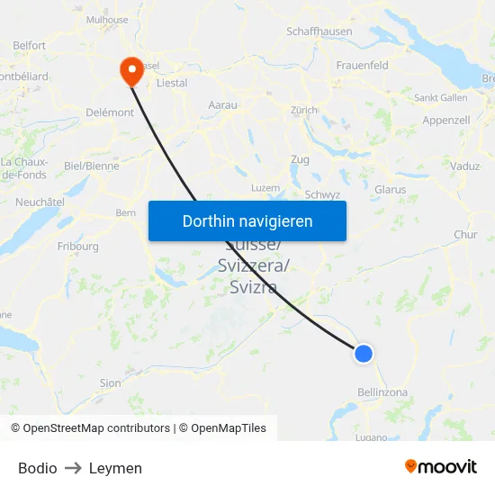 Bodio to Leymen map