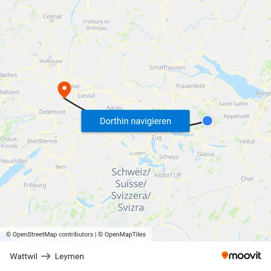 Wattwil to Leymen map